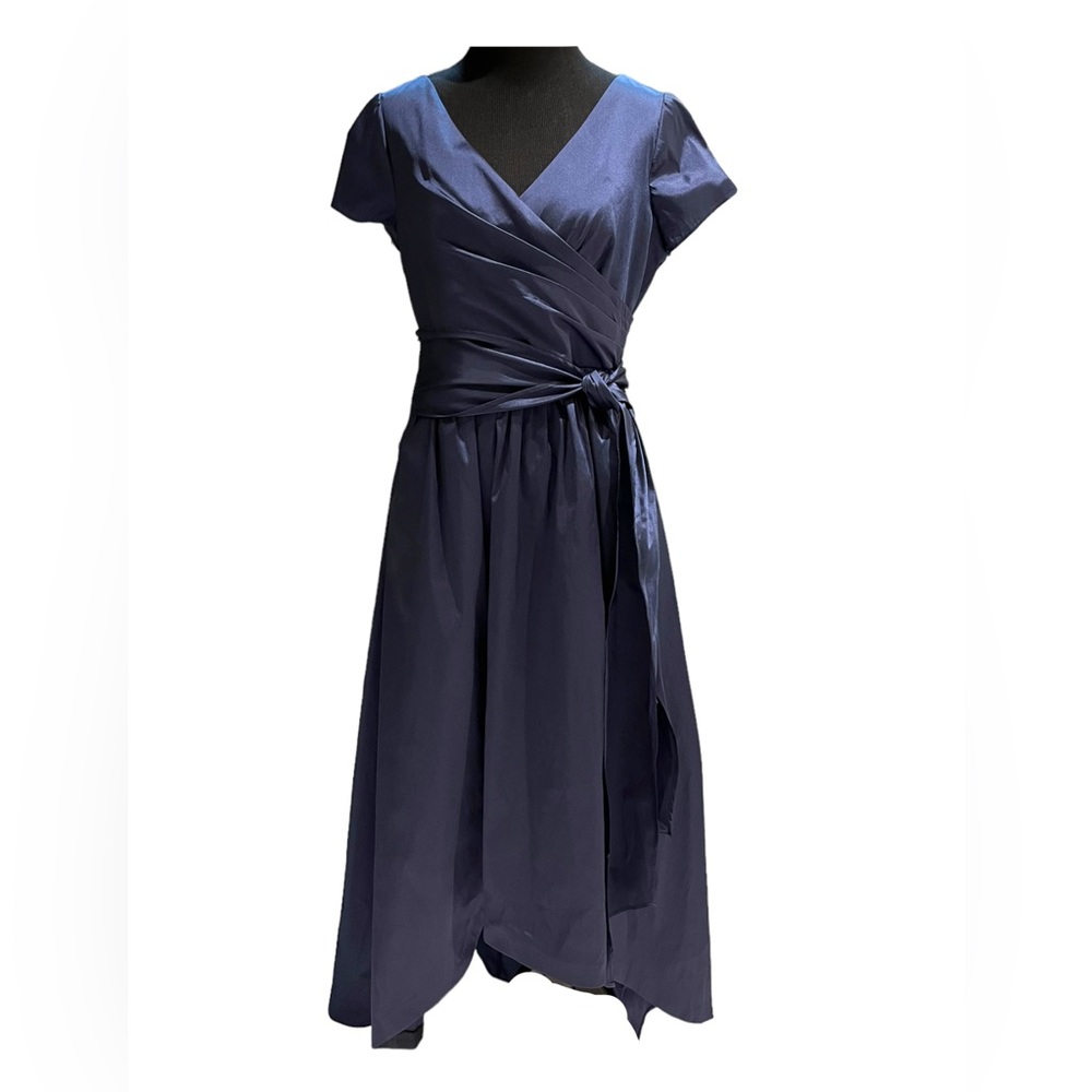Navy Ruched Taffeta High-Low Gown - Picture 4 of 9